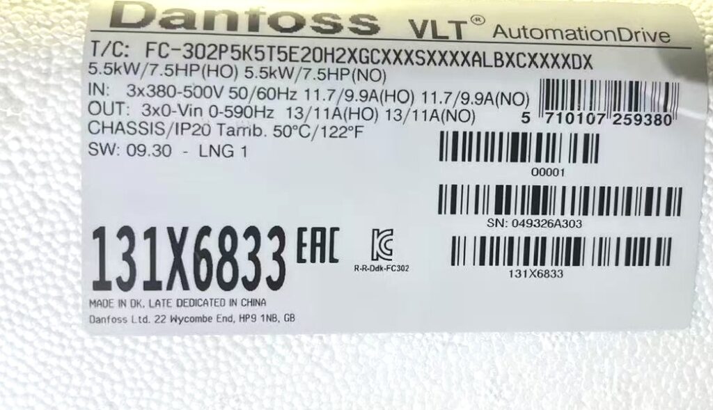 Danfoss FC-302P5K5T5E20H2XGCXXXSXXXXALBXCXXXXDX Frequency Converter