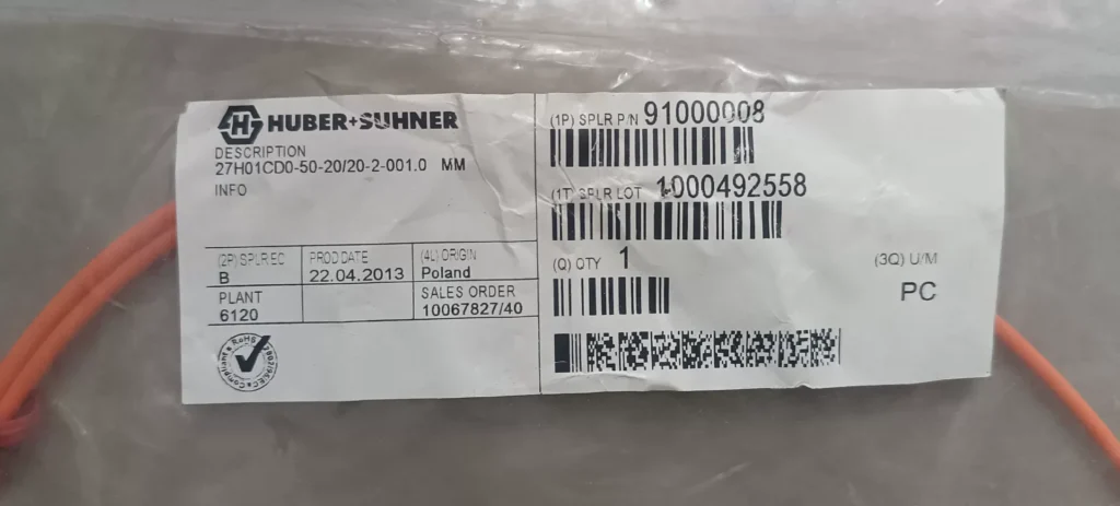 HUBER+SUHNER 27H01CD0-50-20/20-2-001.0 Fiber Optic Cable thumbnail