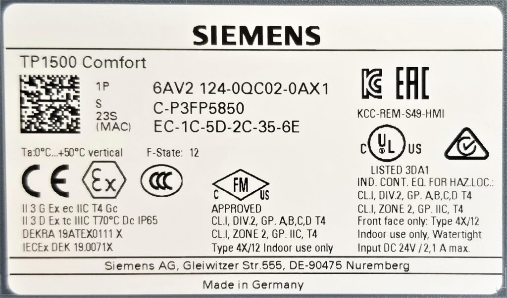 Siemens 6AV2124-0QC02-0AX1 TP1500 Comfort HMI thumbnail